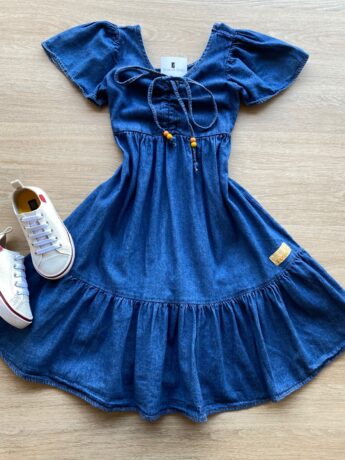 Vestido Infantil Feminino Curto Jeans com Amarração Fernanda Ramos Kids