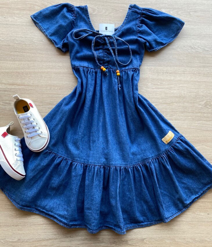 Vestido Infantil Feminino Curto Jeans com Amarração Fernanda Ramos Kids