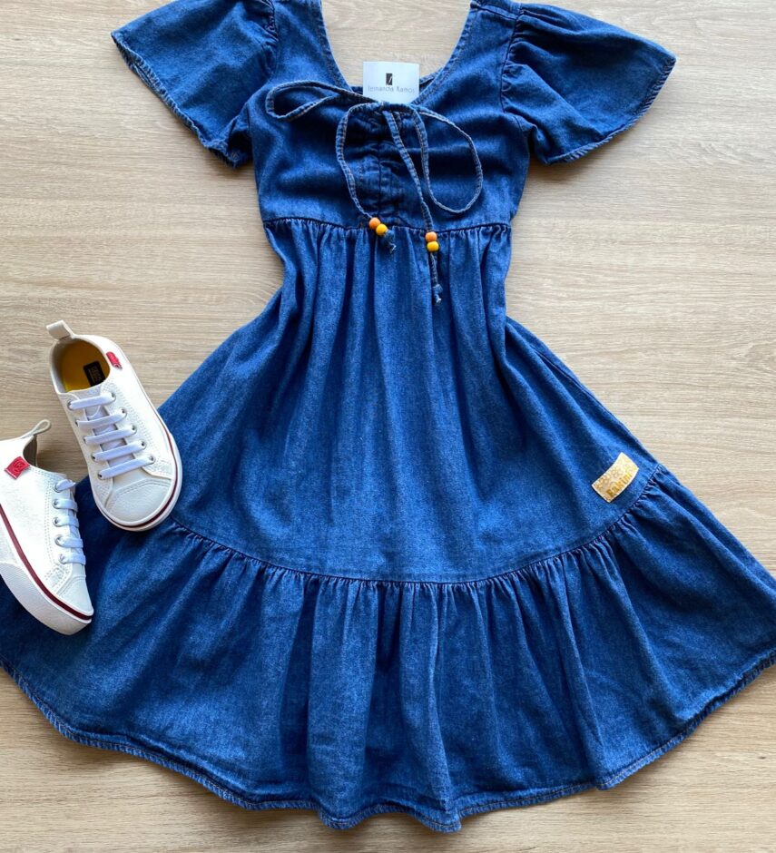 Vestido Infantil Feminino Curto Jeans com Amarração Fernanda Ramos Kids