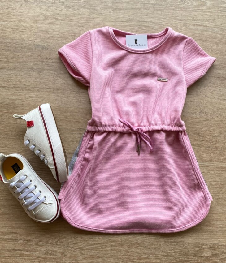 Vestido Infantil Feminino Curto Rosa Detalhe Lateral Brilhante Fernanda Ramos Kids
