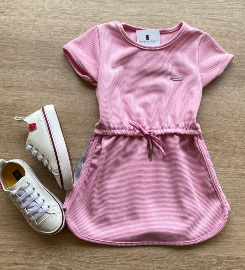Vestido Infantil Feminino Curto Rosa Detalhe Lateral Brilhante Fernanda Ramos Kids