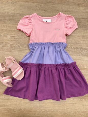 Vestido Infantil Feminino Curto Rosa, Lilás e Fúcsia Fernanda Ramos Kids