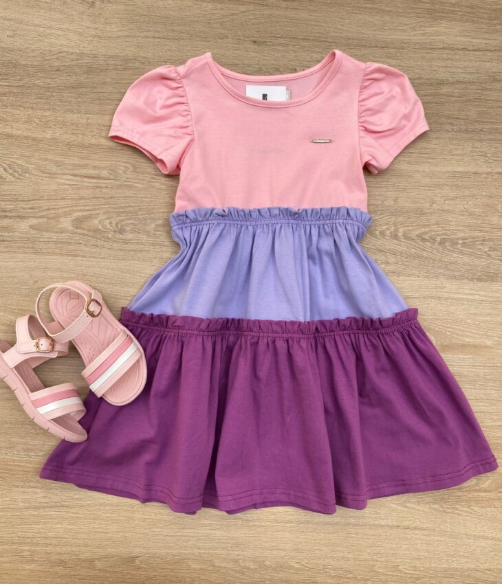 Vestido Infantil Feminino Curto Rosa, Lilás e Fúcsia Fernanda Ramos Kids