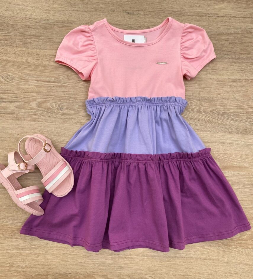 Vestido Infantil Feminino Curto Rosa, Lilás e Fúcsia Fernanda Ramos Kids