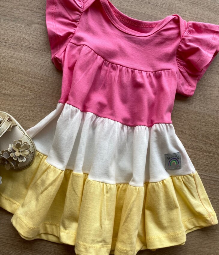 fernandaramoskids com br Vestido Infantil Feminino Curto Rosa, Off White e Amarelo 1