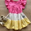 Vestido Infantil Feminino Curto Rosa, Off White e Amarelo Fernanda Ramos Kids