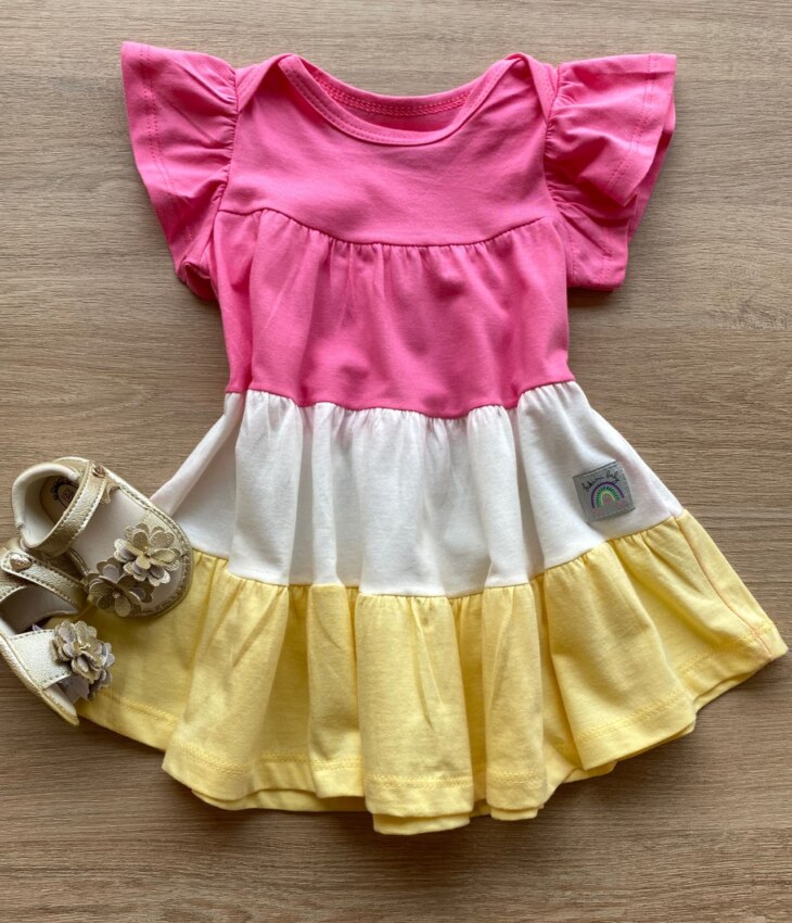 Vestido Infantil Feminino Curto Rosa, Off White e Amarelo Fernanda Ramos Kids