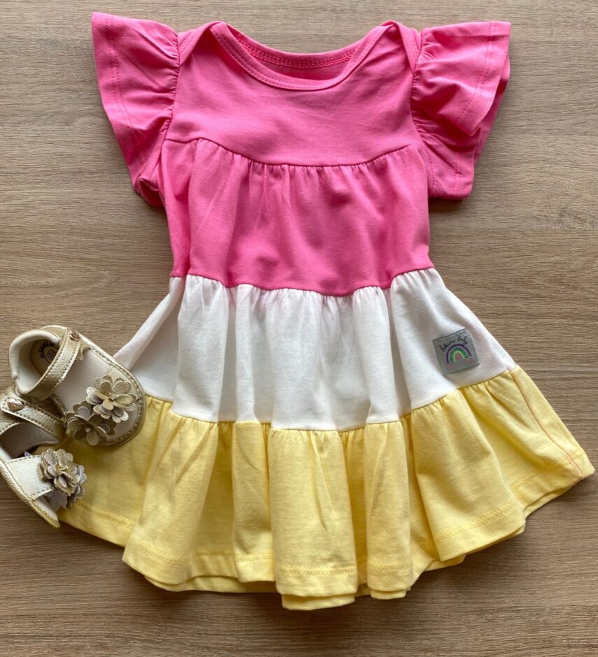 Vestido Infantil Feminino Curto Rosa, Off White e Amarelo Fernanda Ramos Kids