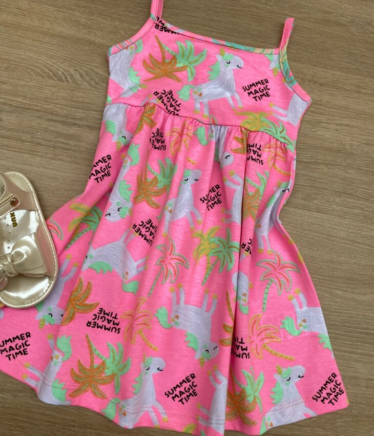 fernandaramoskids com br Vestido Infantil Feminino de Alcinha Estampado Pink Flúor 1