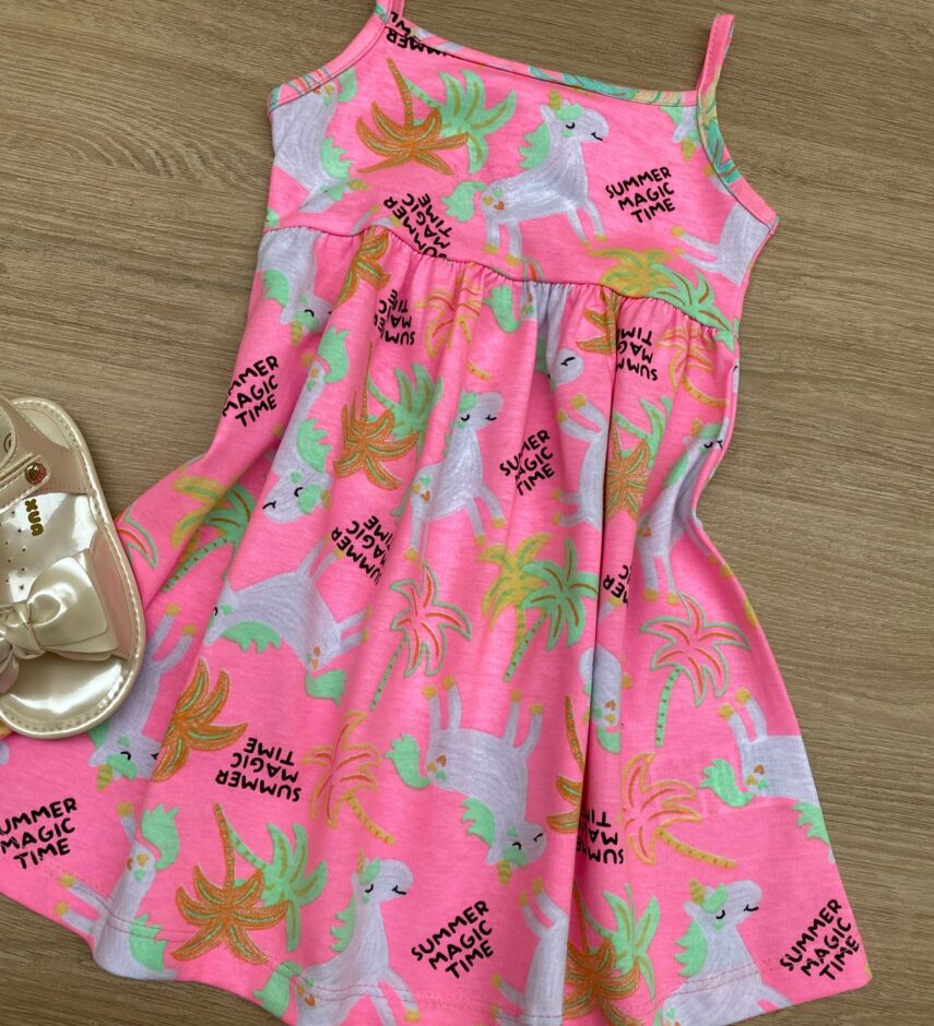 fernandaramoskids com br Vestido Infantil Feminino de Alcinha Estampado Pink Flúor 1