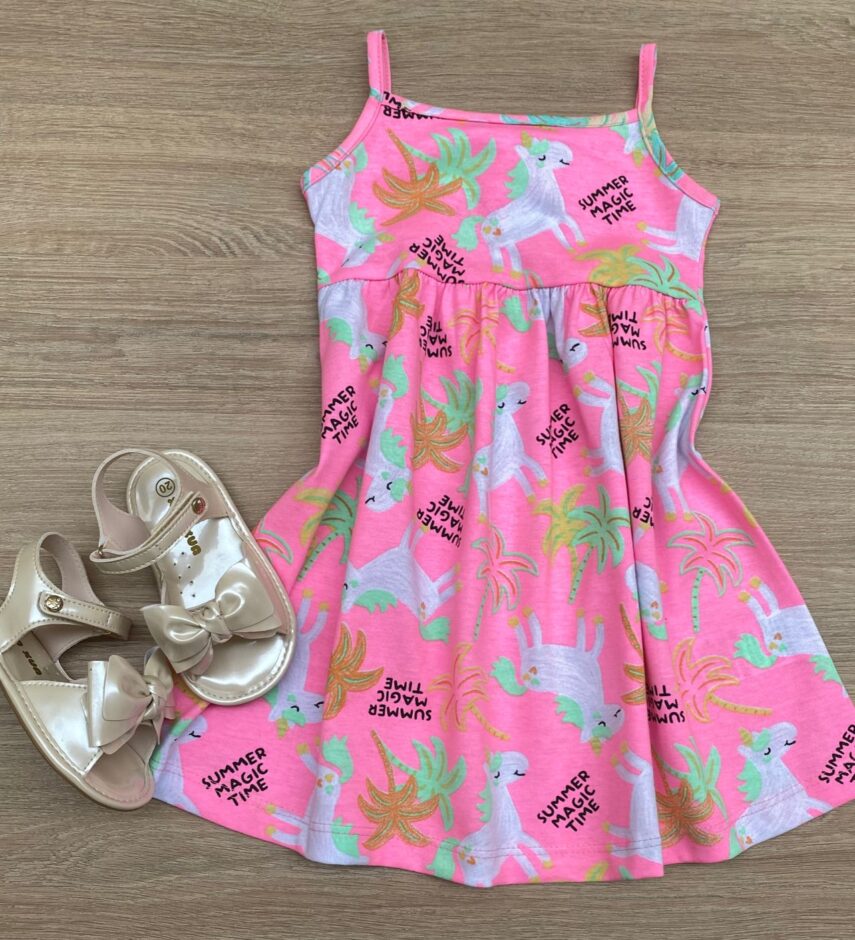 Vestido Infantil Feminino de Alcinha Estampado Pink Flúor Fernanda Ramos Kids