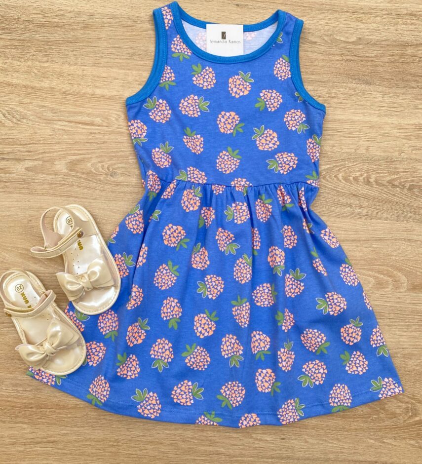 Vestido Infantil Feminino de Malha Estampado Fundo Azul Fernanda Ramos Kids