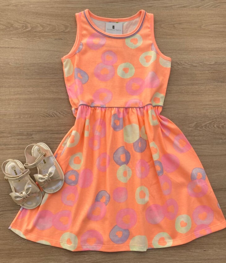 Vestido Infantil Feminino de Malha Estampado Laranja Flúor Fernanda Ramos Kids