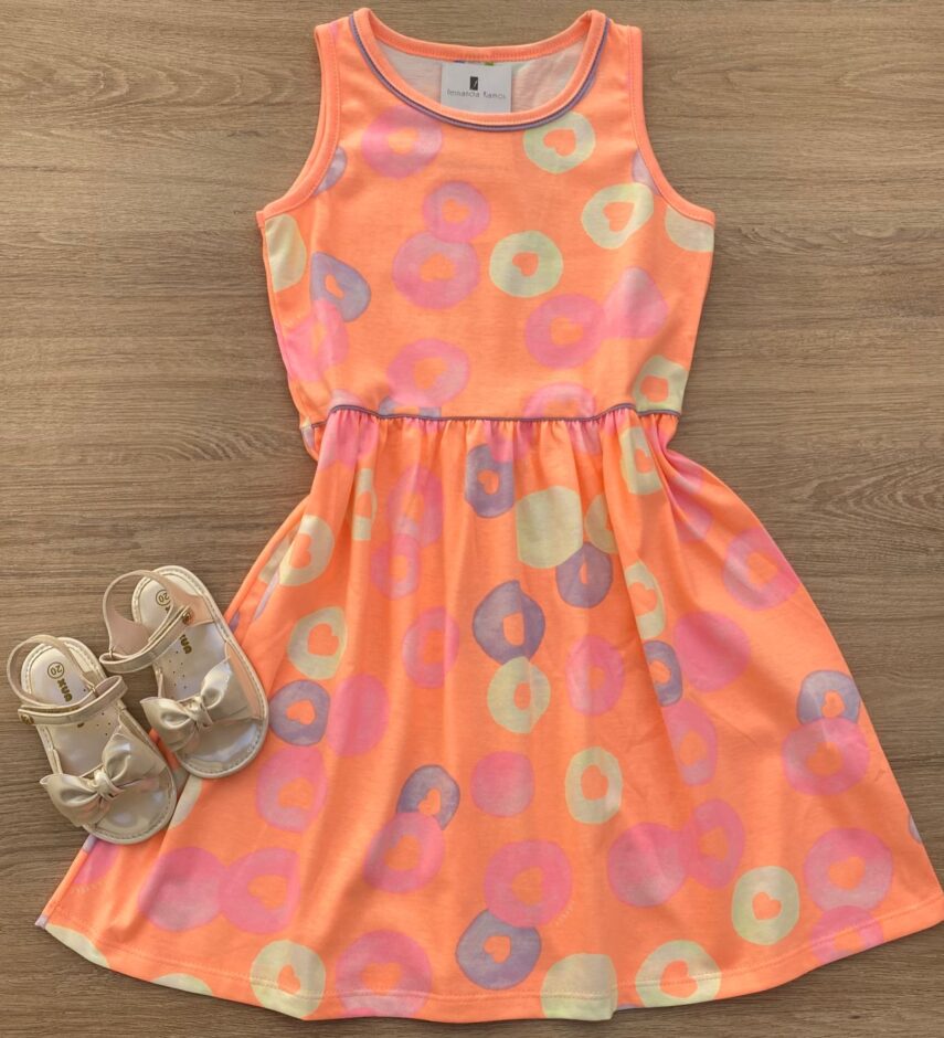 Vestido Infantil Feminino de Malha Estampado Laranja Flúor Fernanda Ramos Kids