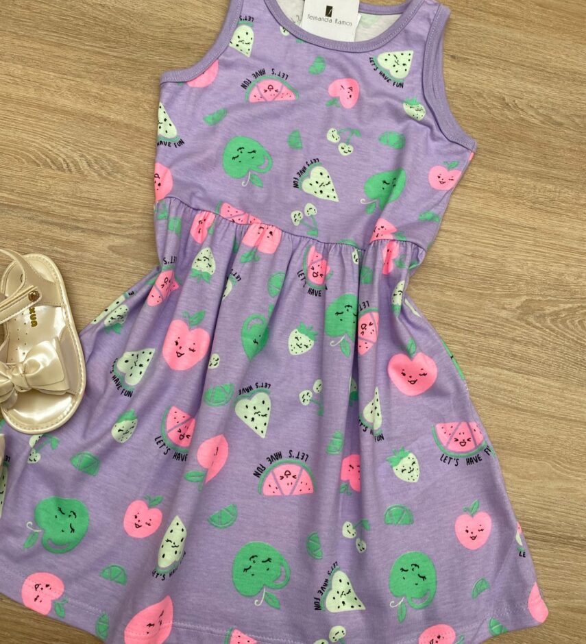 fernandaramoskids com br Vestido Infantil Feminino de Malha Estampado Lilás 1