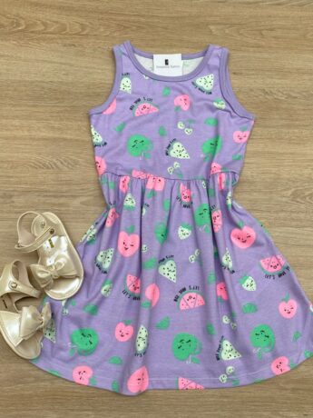 Vestido Infantil Feminino de Malha Estampado Lilás Fernanda Ramos Kids