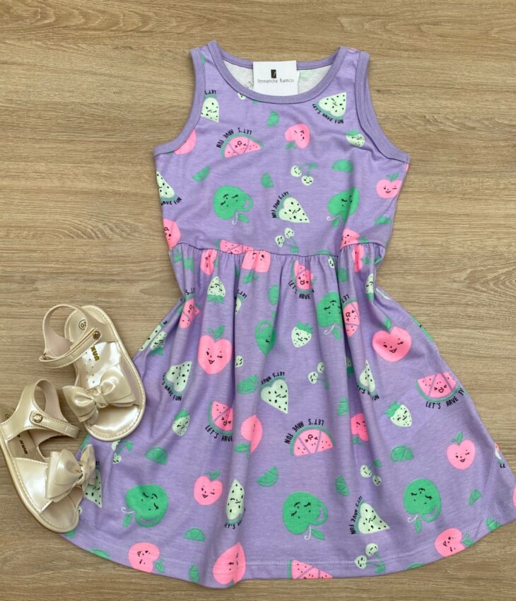 Vestido Infantil Feminino de Malha Estampado Lilás Fernanda Ramos Kids