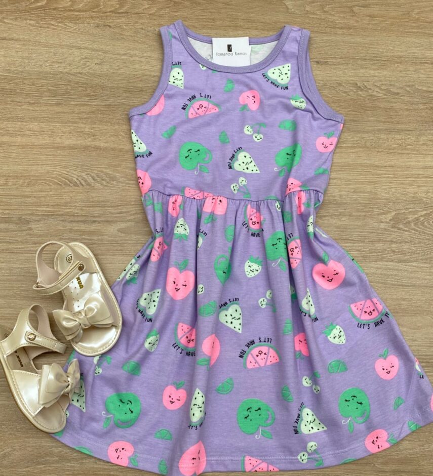 Vestido Infantil Feminino de Malha Estampado Lilás Fernanda Ramos Kids