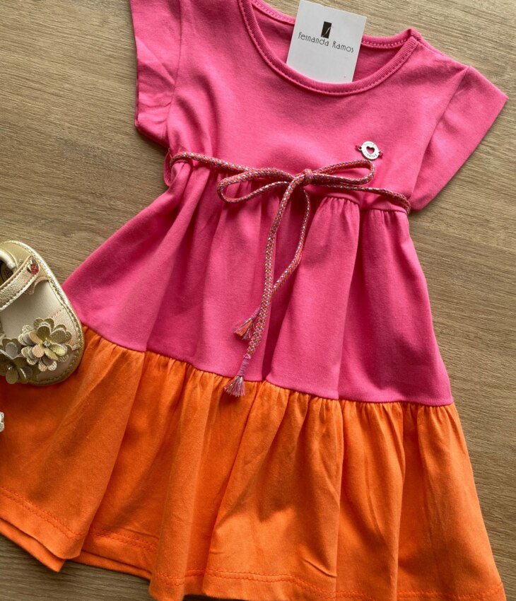 fernandaramoskids com br Vestido Infantil Feminino de Malha Pink e Laranja 1