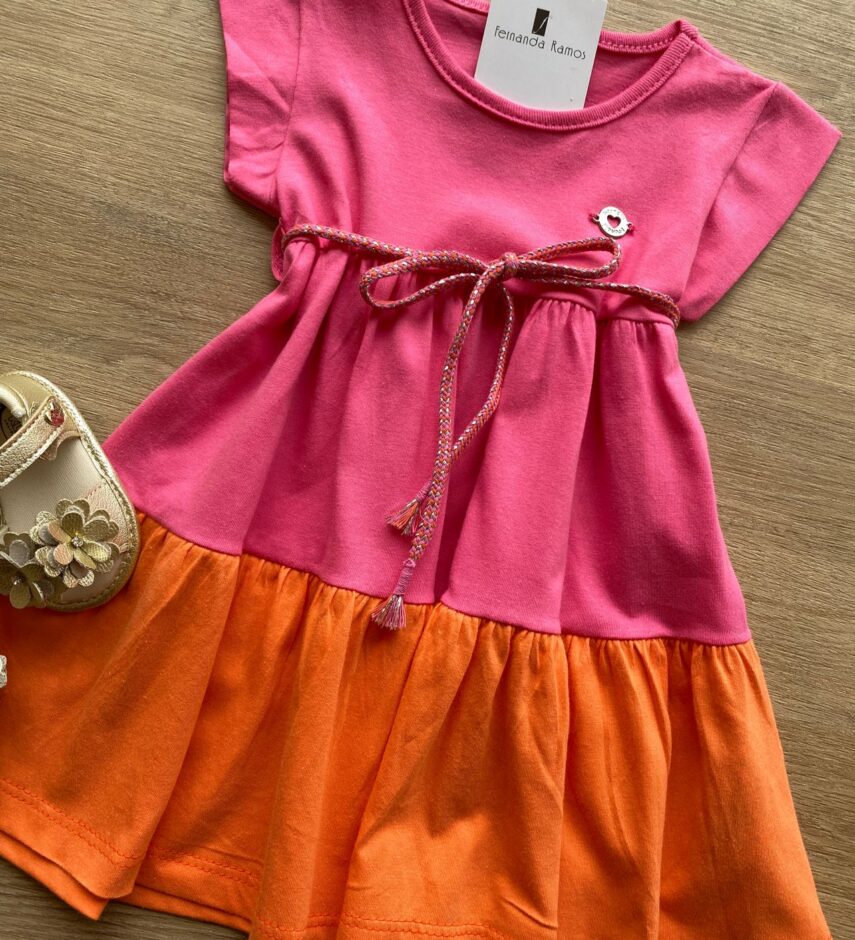 fernandaramoskids com br Vestido Infantil Feminino de Malha Pink e Laranja 1