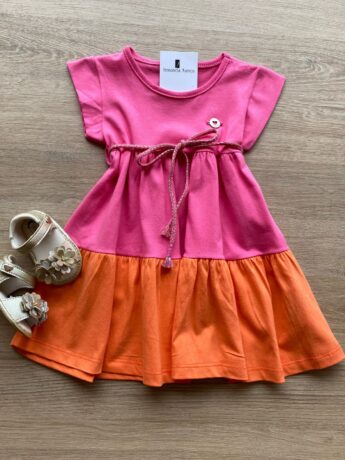 Vestido Infantil Feminino de Malha Pink e Laranja Fernanda Ramos Kids