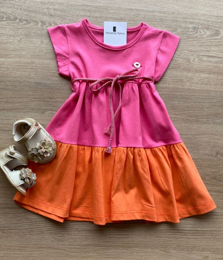 Vestido Infantil Feminino de Malha Pink e Laranja Fernanda Ramos Kids
