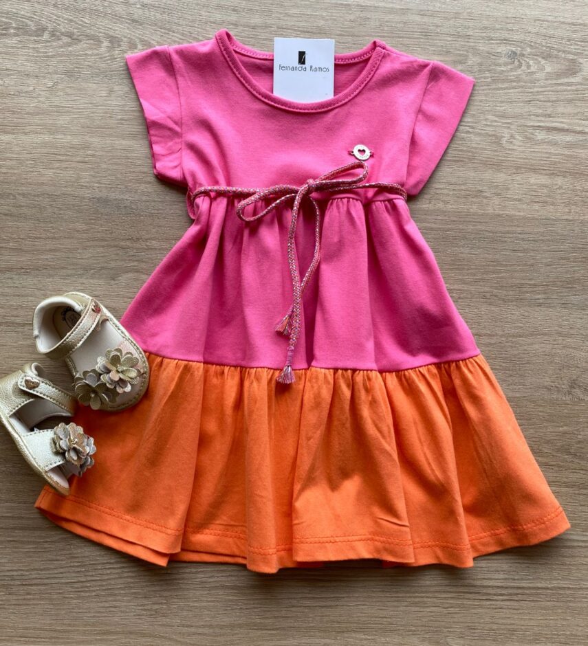 Vestido Infantil Feminino de Malha Pink e Laranja Fernanda Ramos Kids