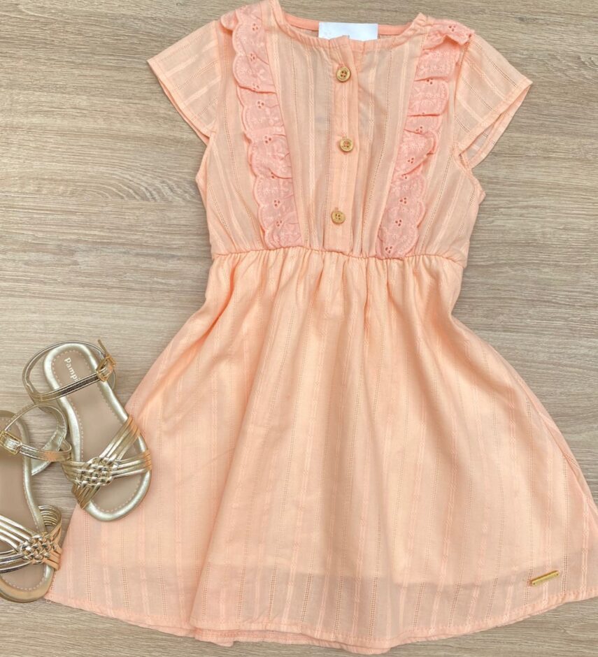 Vestido Infantil Feminino Detalhe em Laise Salmão Fernanda Ramos Kids