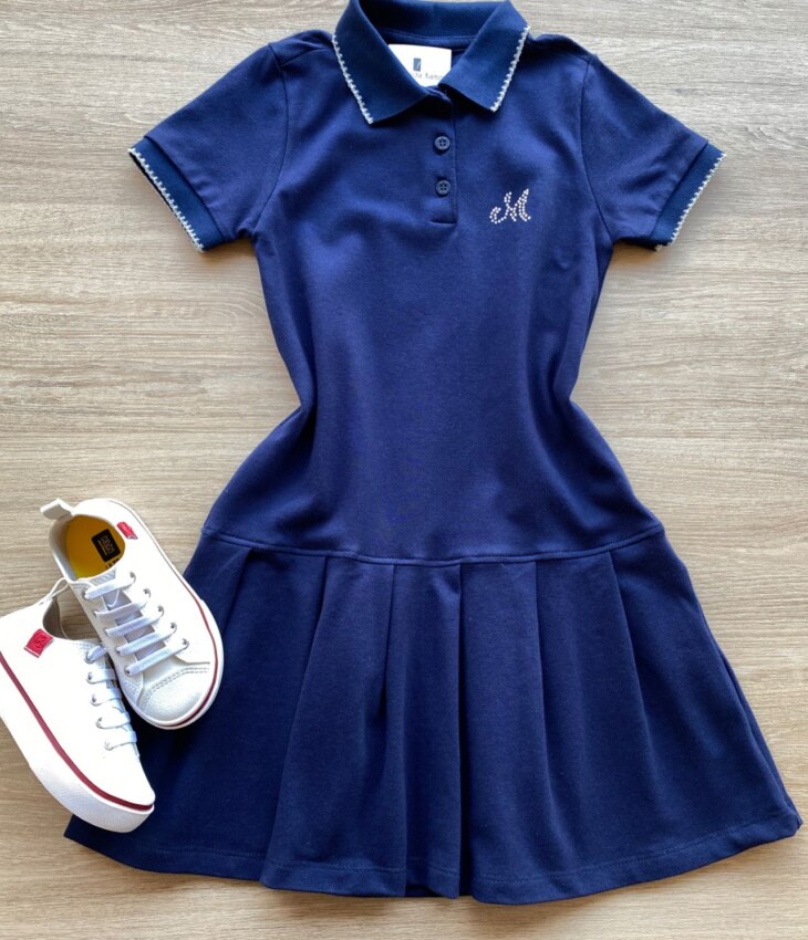 Vestido Infantil Feminino Gola Polo Piquet Confort Azul Marinho Fernanda Ramos Kids
