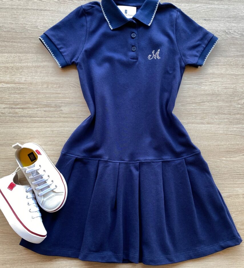 Vestido Infantil Feminino Gola Polo Piquet Confort Azul Marinho Fernanda Ramos Kids