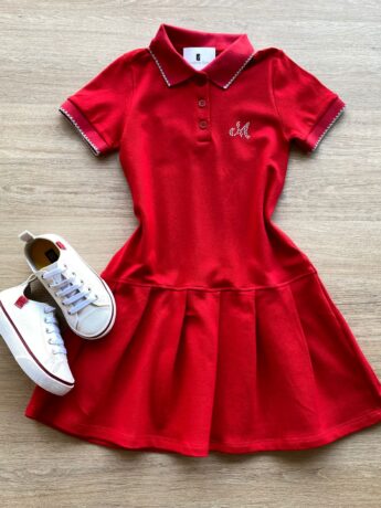 Vestido Infantil Feminino Gola Polo Piquet Confort Vermelho Fernanda Ramos Kids