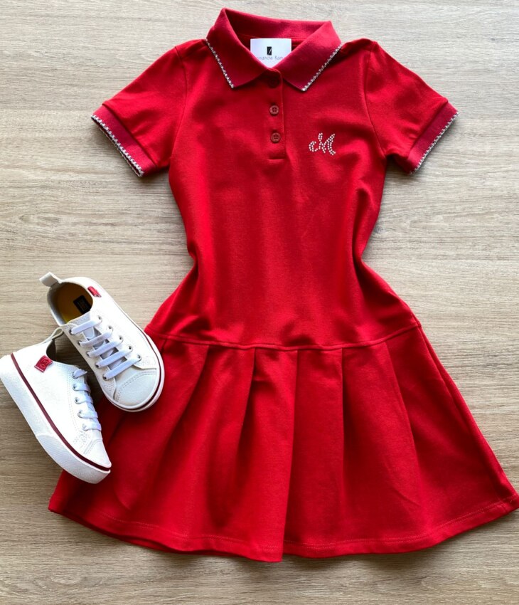 Vestido Infantil Feminino Gola Polo Piquet Confort Vermelho Fernanda Ramos Kids
