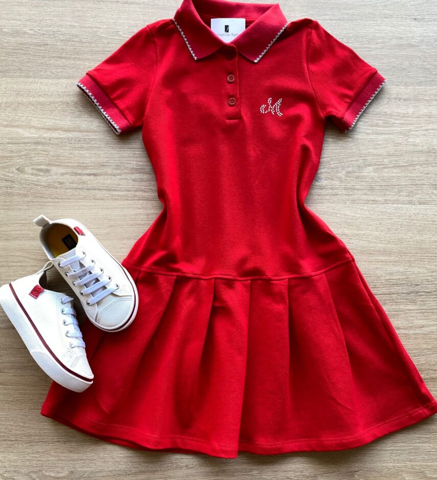 Vestido Infantil Feminino Gola Polo Piquet Confort Vermelho Fernanda Ramos Kids