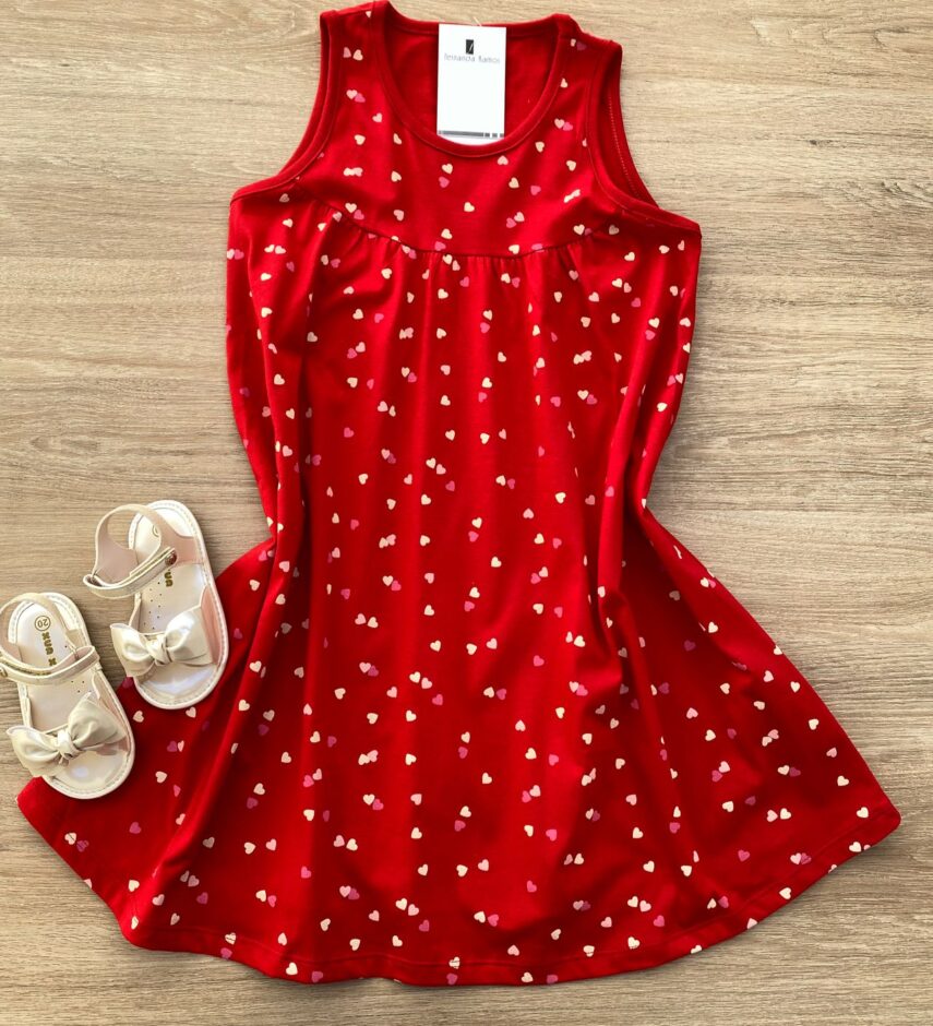 Vestido Infantil Feminino Malha Estampado Corações Vermelho Fernanda Ramos Store