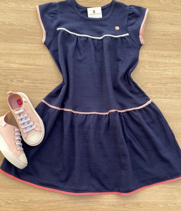 Vestido Infantil Feminino Malha Stripe Azul Marinho Fernanda Ramos Kids