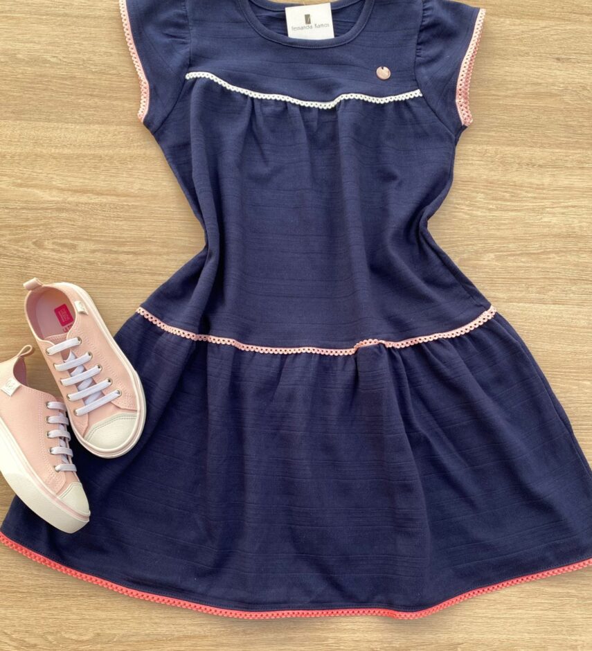 Vestido Infantil Feminino Malha Stripe Azul Marinho Fernanda Ramos Kids