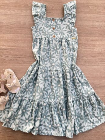 Vestido Infantil Feminino Manga com Babado Floral Verde Fernanda Ramos Kids