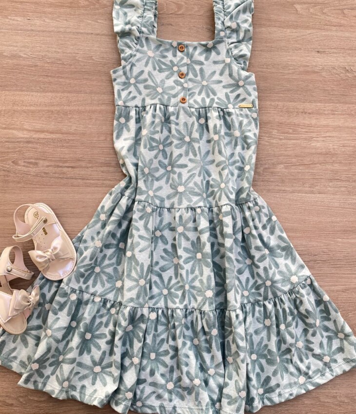 Vestido Infantil Feminino Manga com Babado Floral Verde Fernanda Ramos Kids