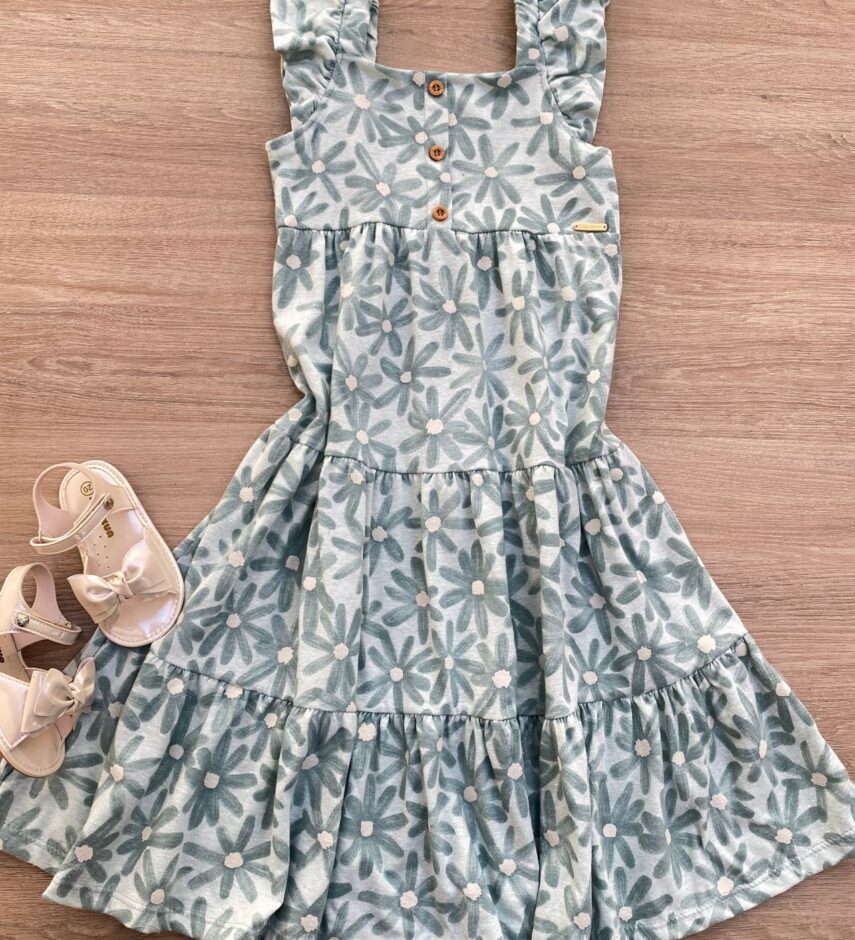 Vestido Infantil Feminino Manga com Babado Floral Verde Fernanda Ramos Kids
