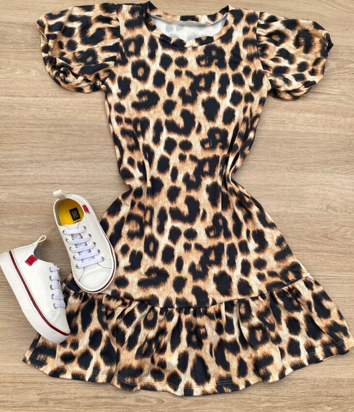 Vestido Infantil Feminino Manga Curta Animal Print Fernanda Ramos Kids
