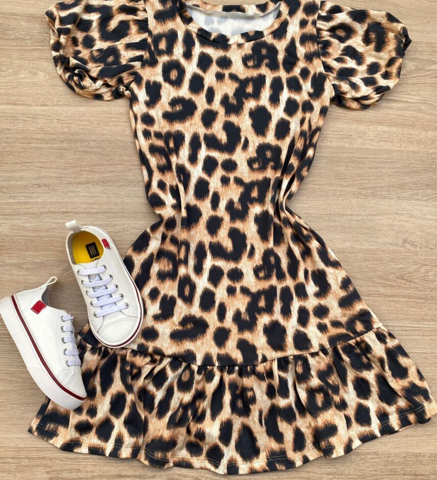 Vestido Infantil Feminino Manga Curta Animal Print Fernanda Ramos Kids