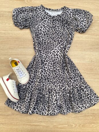 Vestido Infantil Feminino Manga Curta Animal Print Cinza Fernanda Ramos Kids