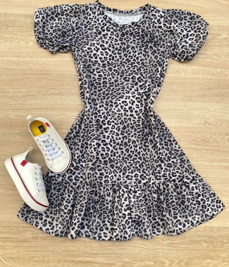 Vestido Infantil Feminino Manga Curta Animal Print Cinza Fernanda Ramos Kids