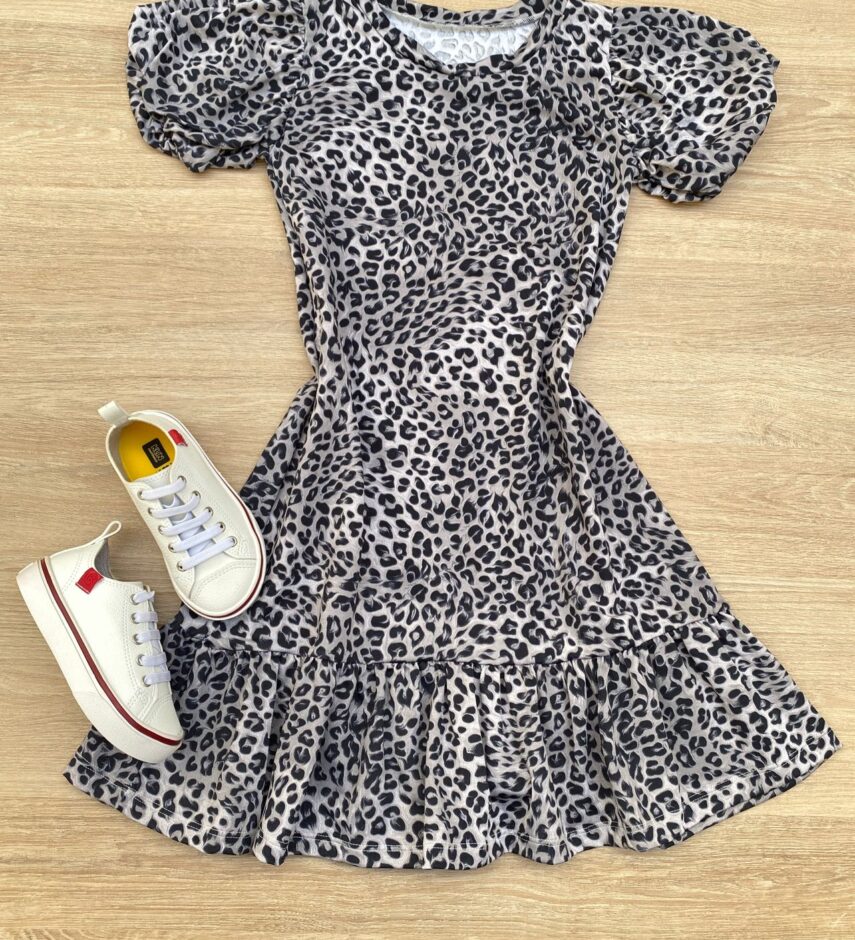 Vestido Infantil Feminino Manga Curta Animal Print Cinza Fernanda Ramos Kids