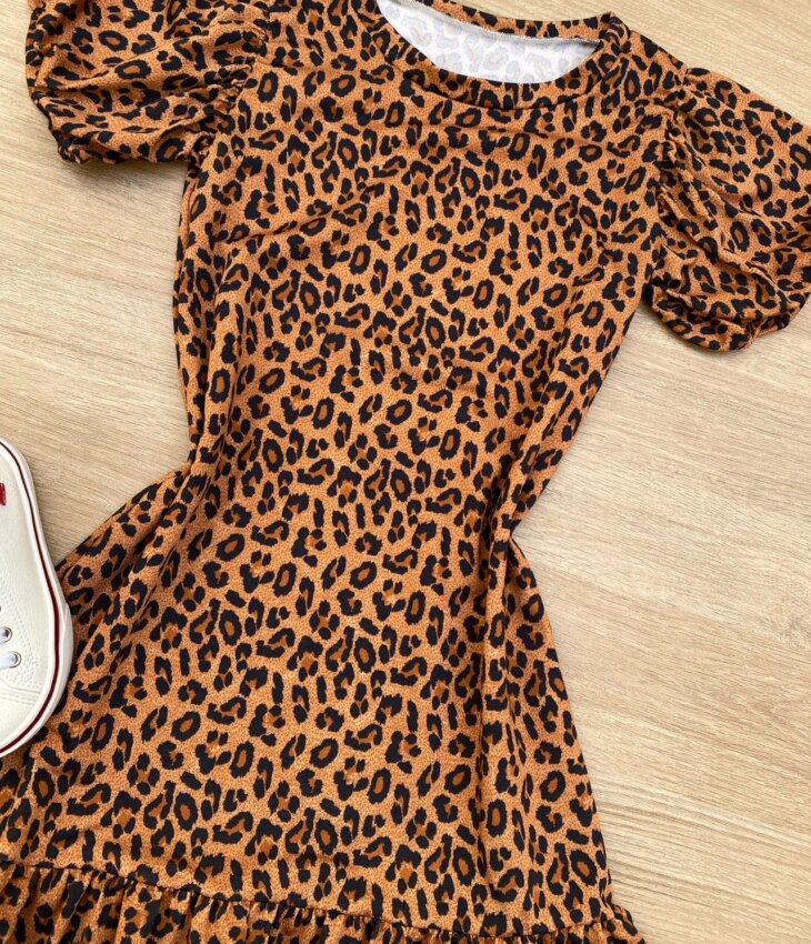 fernandaramoskids com br Vestido Infantil Feminino Manga Curta Animal Print Marrom 1