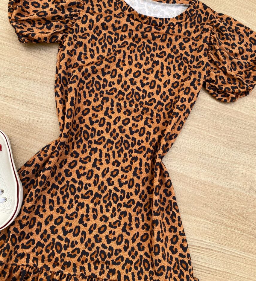 fernandaramoskids com br Vestido Infantil Feminino Manga Curta Animal Print Marrom 1