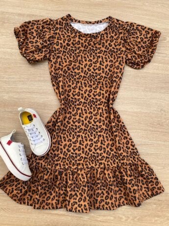 Vestido Infantil Feminino Manga Curta Animal Print Marrom Fernanda Ramos Kids