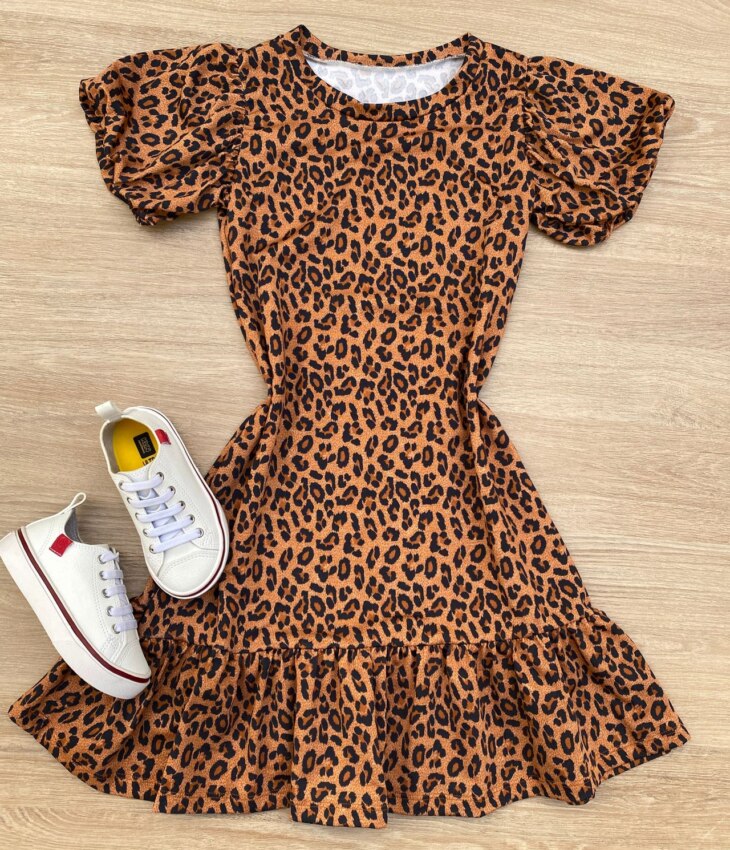Vestido Infantil Feminino Manga Curta Animal Print Marrom Fernanda Ramos Kids