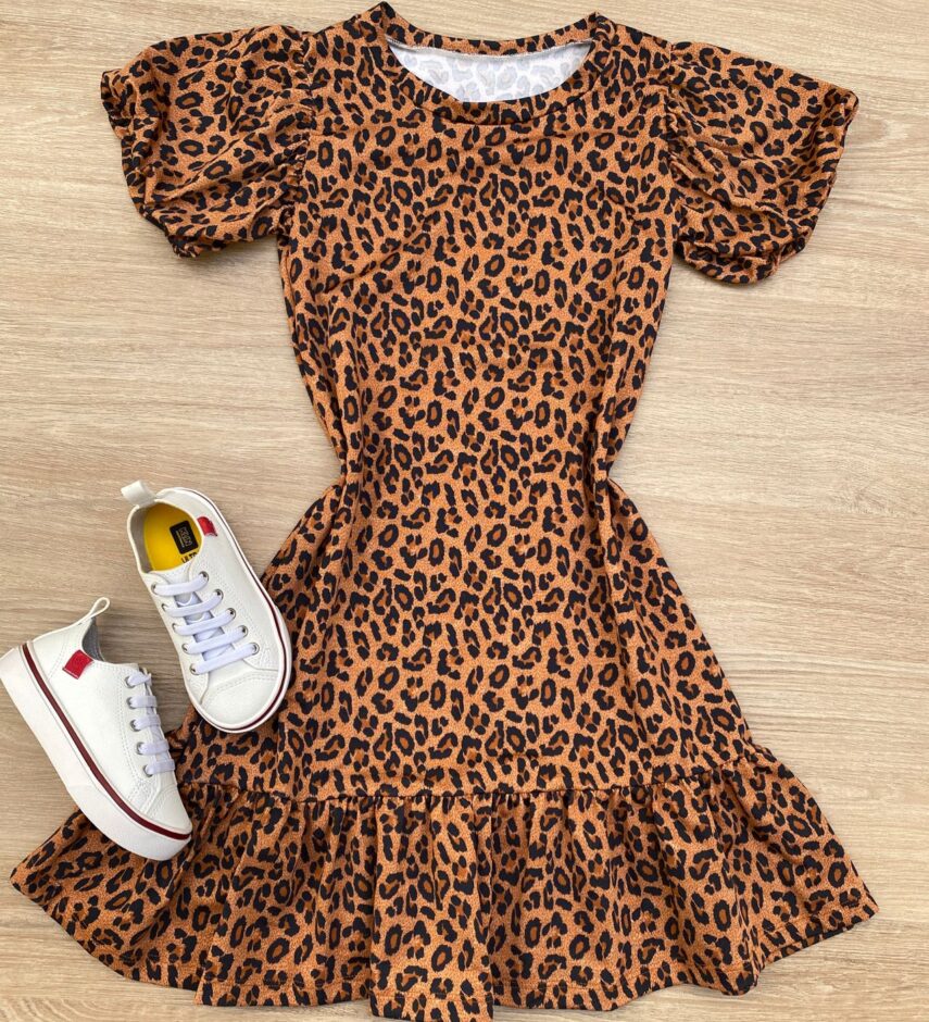 Vestido Infantil Feminino Manga Curta Animal Print Marrom Fernanda Ramos Kids