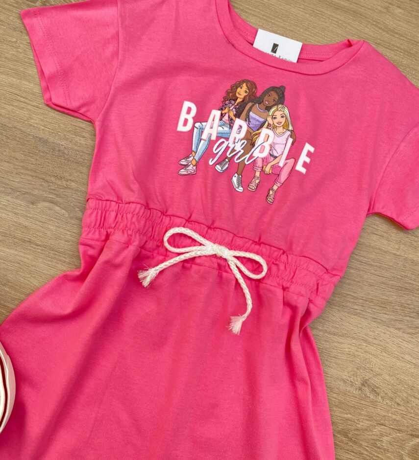fernandaramoskids com br Vestido Infantil Feminino Manga Curta com Amarração Rosa Chiclete 1